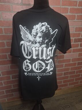 Ring of Fire Black Tee with White Angel 'Trust God' Graphic
